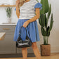 Black Stripe Ruffle Denim Patchwork Round Neck Mini Dress