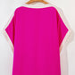 Rose Red Oversized Color Block Boat Neck Tunic Blouse