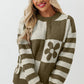 Green Checkered Floral Print Striped Sleeve Sweater