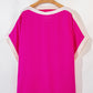 Rose Red Oversized Color Block Boat Neck Tunic Blouse