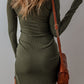 Jungle Green Ribbed Side Slit Ruched Slim Fit Long Sleeve Mini Dress