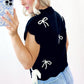 Black Bow Print Side Ties Scalloped Hem Sweater T Shirt
