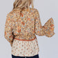 Yellow Printed Floral Bell Sleeve V Neck Wrapped Contrast Peplum Blouse