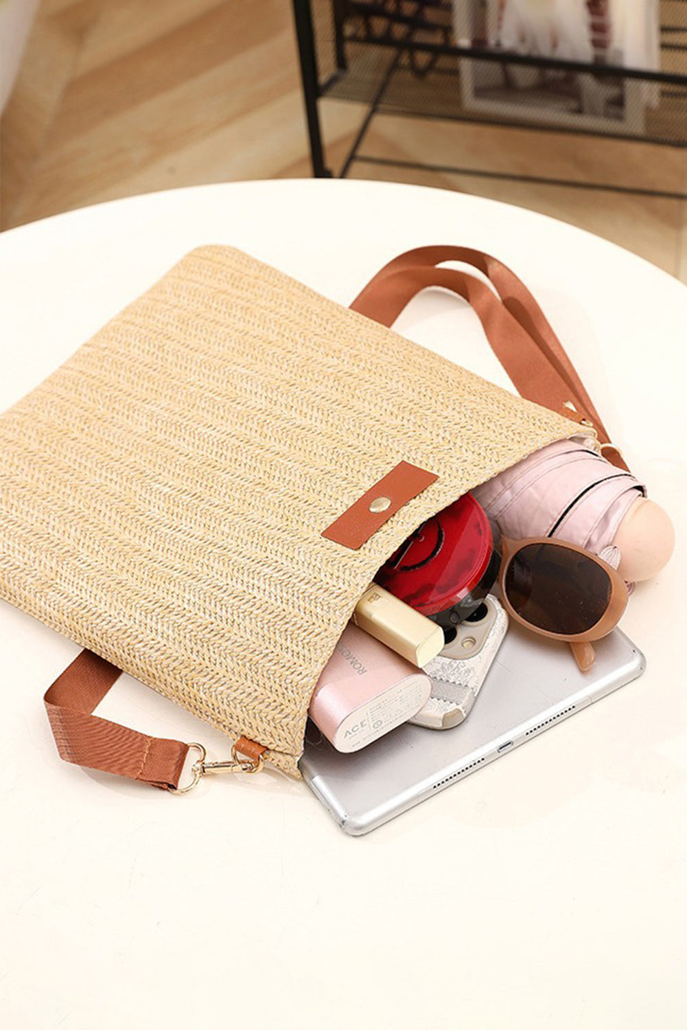 Oatmeal Straw Woven Single Button Crossbody Bag