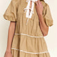 Pale Khaki Contrast Trim Pintuck Puff Sleeve Tied Neck Short Dress