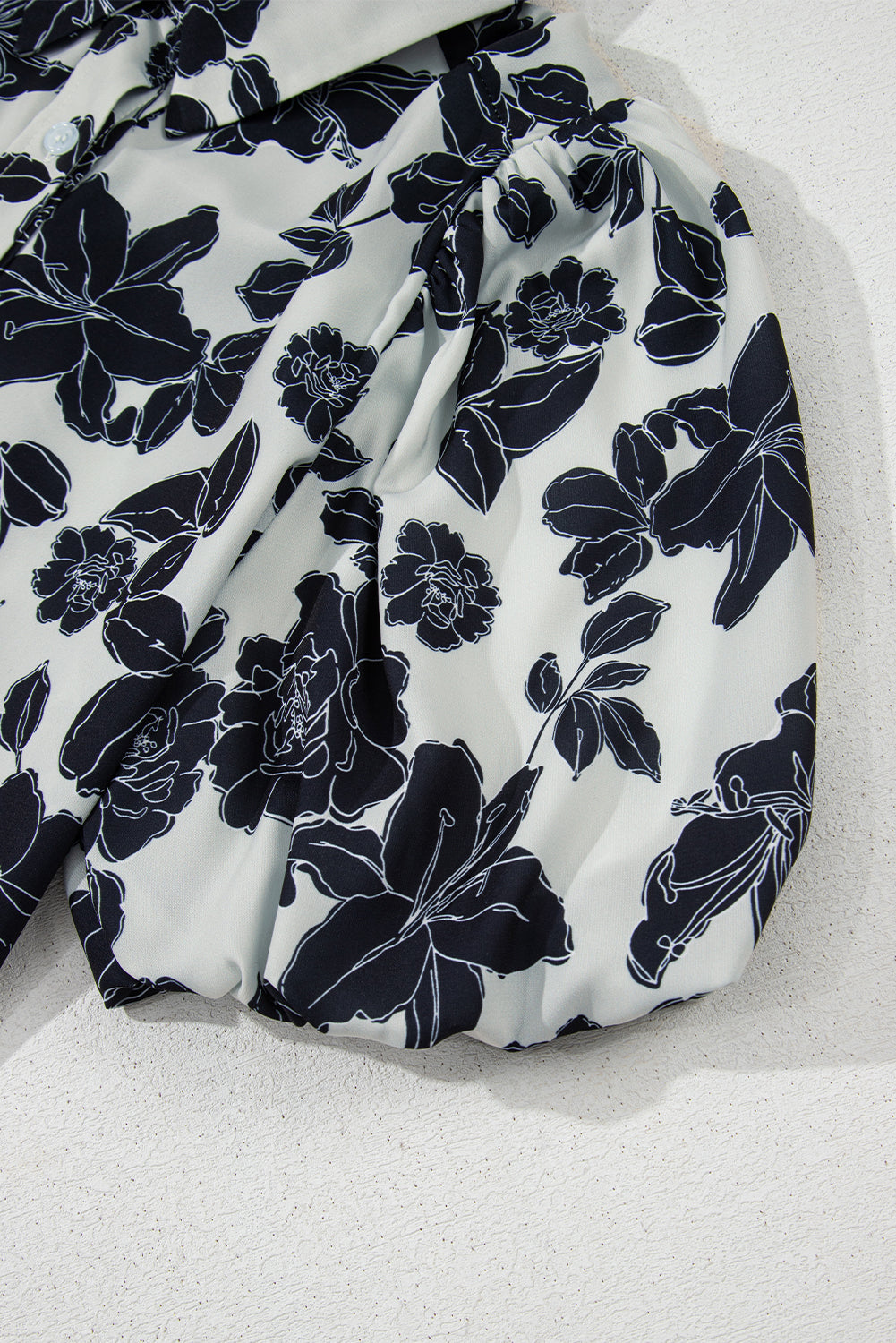 Black Floral Bubble Sleeve Casual Shirt