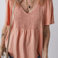 Fushia Smocked Front V Neck Pleated Babydoll Short Sleeve Top