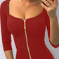 Square Neck Half Sleeve Full Front Zip Split Slim Fit Bodycon Dress