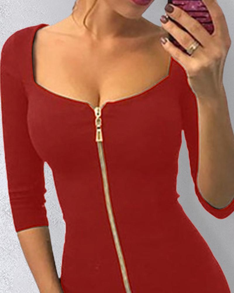Square Neck Half Sleeve Full Front Zip Split Slim Fit Bodycon Dress