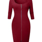 Square Neck Half Sleeve Full Front Zip Split Slim Fit Bodycon Dress