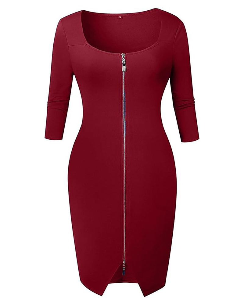 Square Neck Half Sleeve Full Front Zip Split Slim Fit Bodycon Dress