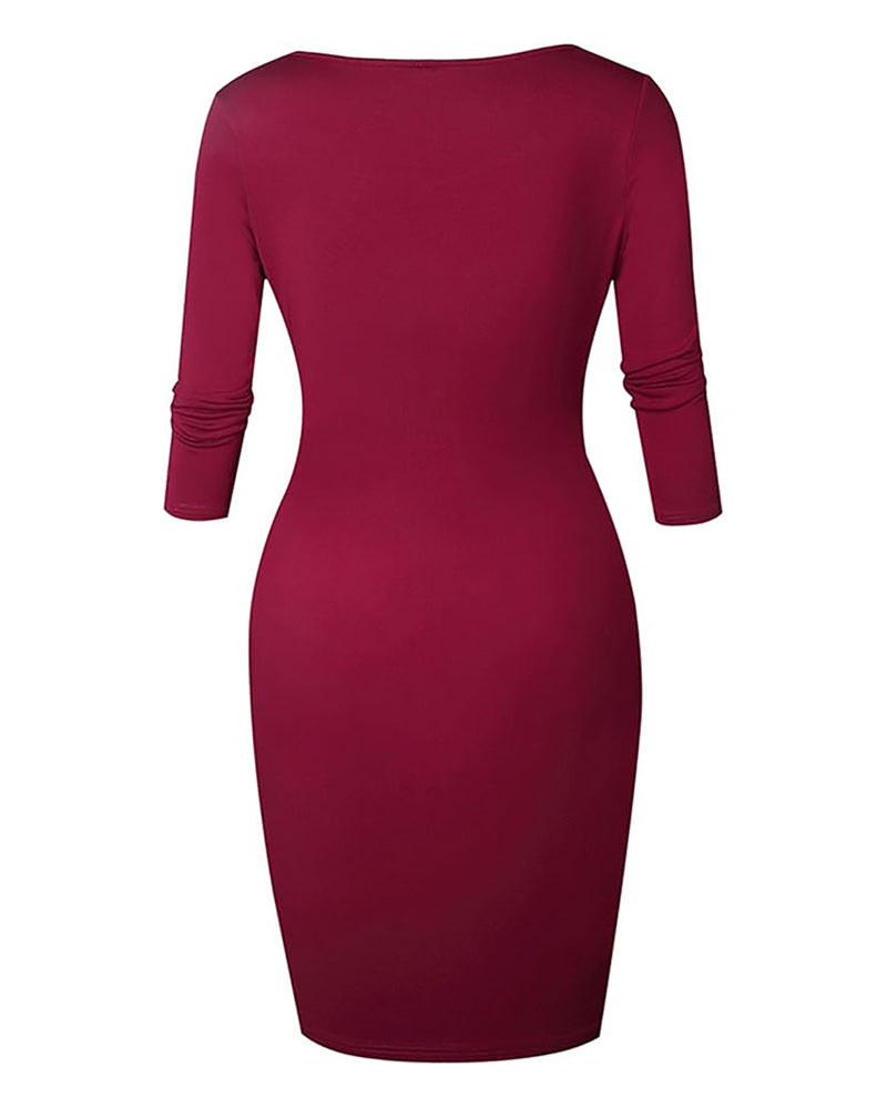 Square Neck Half Sleeve Full Front Zip Split Slim Fit Bodycon Dress