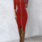 Square Neck Half Sleeve Full Front Zip Split Slim Fit Bodycon Dress