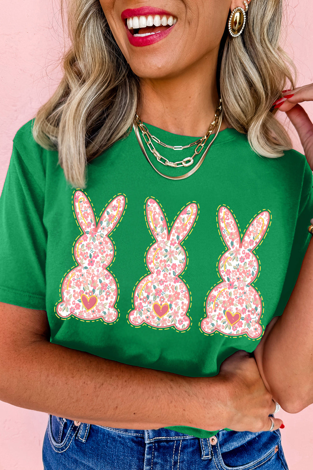 Bright Green Easter Floral Rabbit Print Crew Neck T Shirt