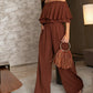 2 Pieces Outfit Off Shoulder Ruffles Crop Top and Casual High Waist Wide Leg Pants Set