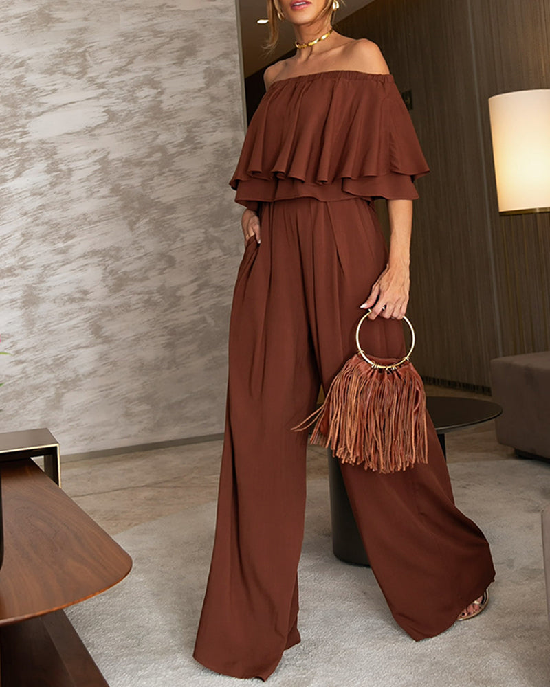 2 Pieces Outfit Off Shoulder Ruffles Crop Top and Casual High Waist Wide Leg Pants Set