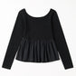 Black Ribbed Knit Long Sleeve Scoop Neck Peplum Patchwork Top