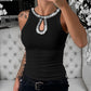 Rhinestone Contrast Sequin Keyhole Neck Sleeveless Slim Fit Elasticity Ribbed Top Elegant Tank