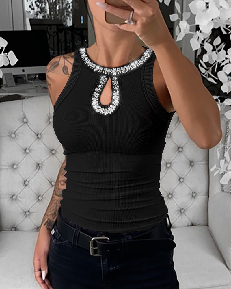 Rhinestone Contrast Sequin Keyhole Neck Sleeveless Slim Fit Elasticity Ribbed Top Elegant Tank