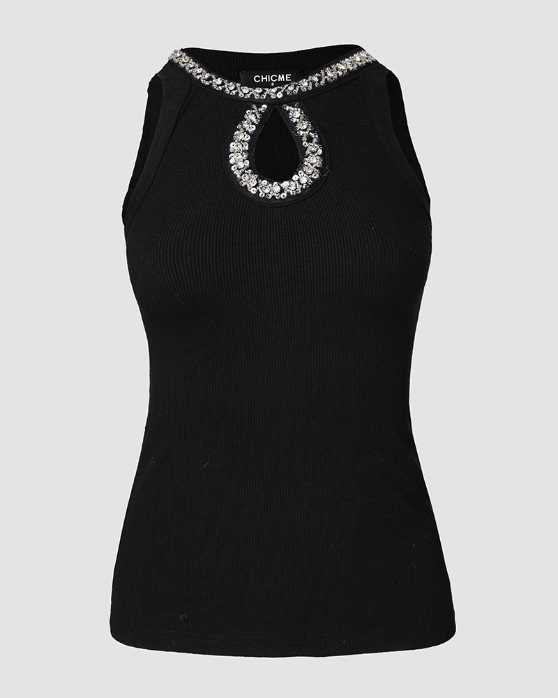 Rhinestone Contrast Sequin Keyhole Neck Sleeveless Slim Fit Elasticity Ribbed Top Elegant Tank