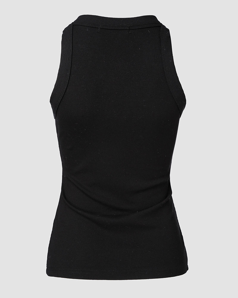 Rhinestone Contrast Sequin Keyhole Neck Sleeveless Slim Fit Elasticity Ribbed Top Elegant Tank