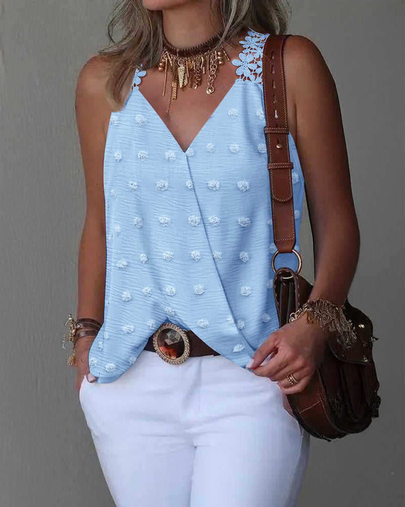 Jacquard Polka Dot Webbing Patch Criss Cross Tank Casual Loose Fit Sleeveless Top