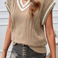 Light French Beige Colorblock V Neck Cap Sleeve Cable Knit Sweater
