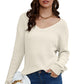 Beige Ribbed Knit V Neck Sweater