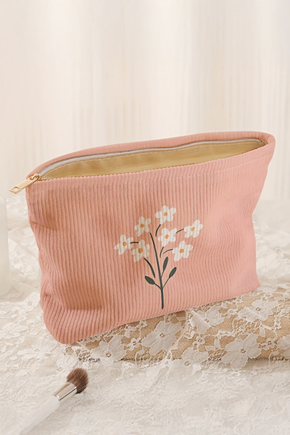 Peach Blossom Flower Print Textured Corduroy Large Cosmetic Bag