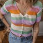 Orange Colorblock Striped Pointelle Knit V Neck Buttoned Crop Short Sleeve Sweater