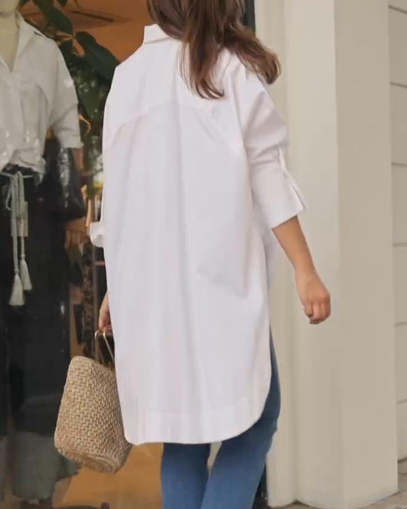 Turn down Collar Three Quarters Dip Hem Front Button Blouse with Pocket Casual Shirt