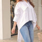 Turn down Collar Three Quarters Dip Hem Front Button Blouse with Pocket Casual Shirt