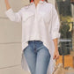 Turn down Collar Three Quarters Dip Hem Front Button Blouse with Pocket Casual Shirt