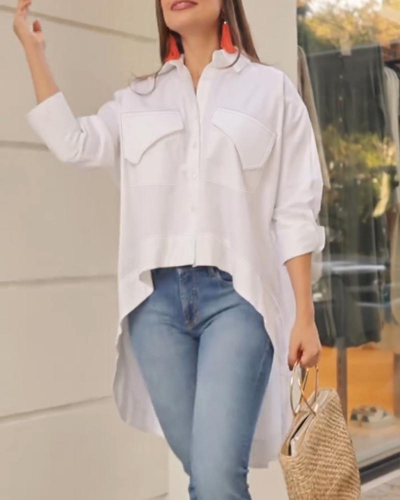 Turn down Collar Three Quarters Dip Hem Front Button Blouse with Pocket Casual Shirt