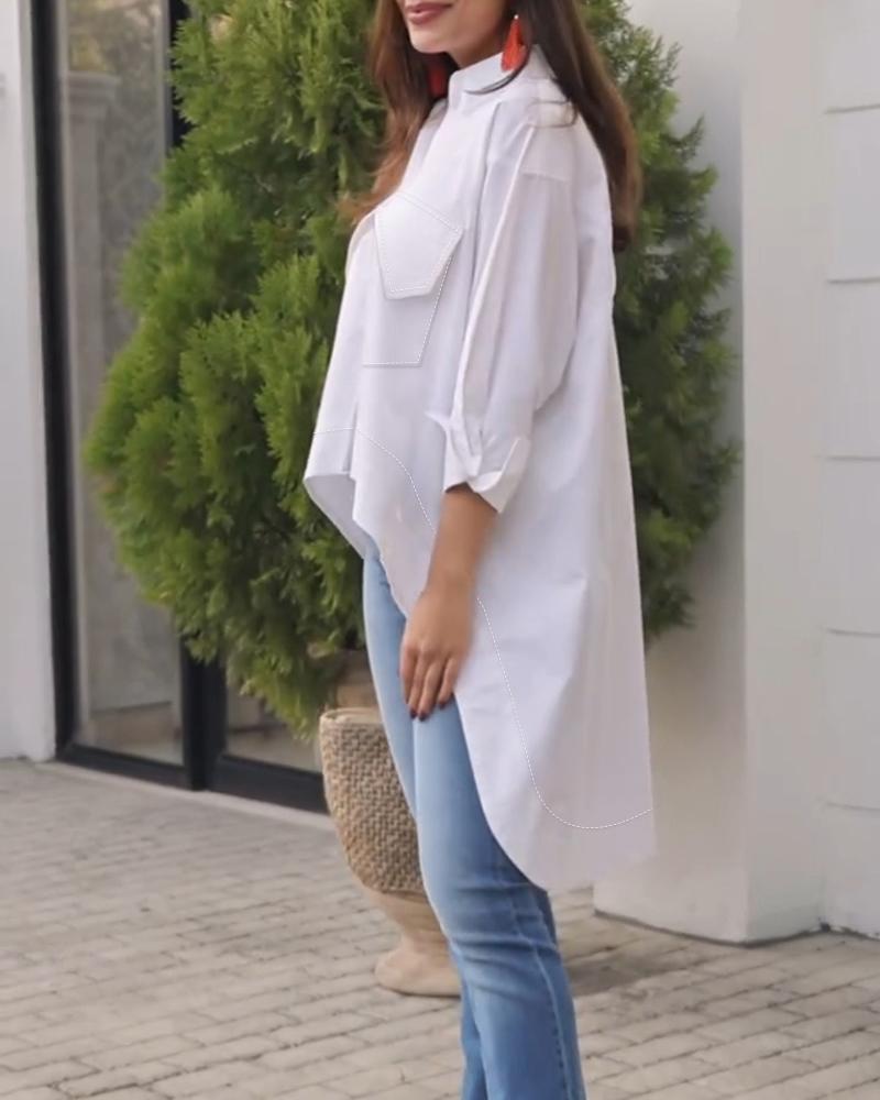 Turn down Collar Three Quarters Dip Hem Front Button Blouse with Pocket Casual Shirt