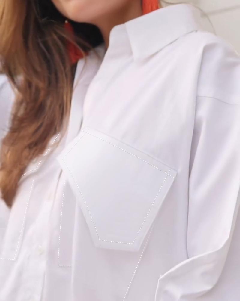 Turn down Collar Three Quarters Dip Hem Front Button Blouse with Pocket Casual Shirt