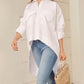 Turn down Collar Three Quarters Dip Hem Front Button Blouse with Pocket Casual Shirt