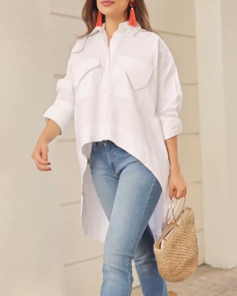 Turn down Collar Three Quarters Dip Hem Front Button Blouse with Pocket Casual Shirt