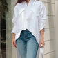 Turn down Collar Three Quarters Dip Hem Front Button Blouse with Pocket Casual Shirt