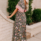 Black Boho Floral Patchwork Sexy V Neck Short Sleeve Maxi Dress