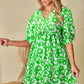 Green Floral Print Puff Half Sleeve V Neck Babydoll Dress