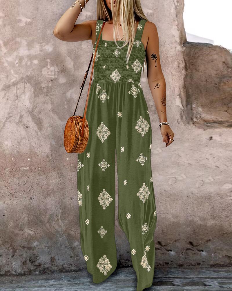 Embroidery Patchwork Thick Strap Square Neck Shirred Jumpsuit Wide Leg Vacation Overalls with Pockets