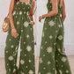 Embroidery Patchwork Thick Strap Square Neck Shirred Jumpsuit Wide Leg Vacation Overalls with Pockets