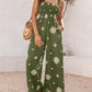 Embroidery Patchwork Thick Strap Square Neck Shirred Jumpsuit Wide Leg Vacation Overalls with Pockets