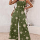 Embroidery Patchwork Thick Strap Square Neck Shirred Jumpsuit Wide Leg Vacation Overalls with Pockets