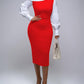 Colorblock One Shoulder Gigot Sleeve Pencil Dress Cinched Waist Bodycon Dress