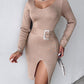 V Neck Long Sleeve Rhinestone Buckled Slit Knit Sweater Dress