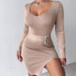 V Neck Long Sleeve Rhinestone Buckled Slit Knit Sweater Dress