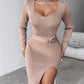 V Neck Long Sleeve Rhinestone Buckled Slit Knit Sweater Dress