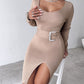 V Neck Long Sleeve Rhinestone Buckled Slit Knit Sweater Dress